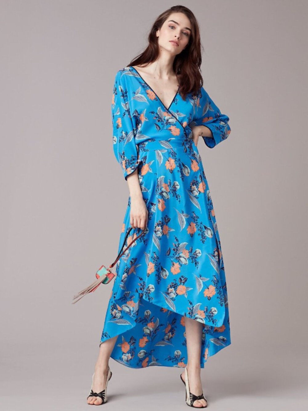 Diane Von Furstenberg Silk Floral Wrap Midi Dress Waterfall Hem - Size S